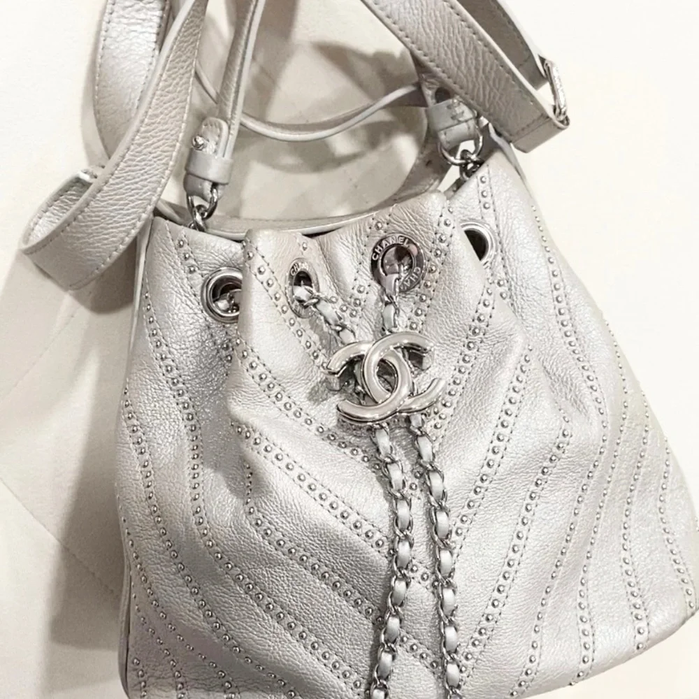 Chanel drawstring Metallic Calfskin Studded Chevron Quilted Crossbody - Picture 2 of 13